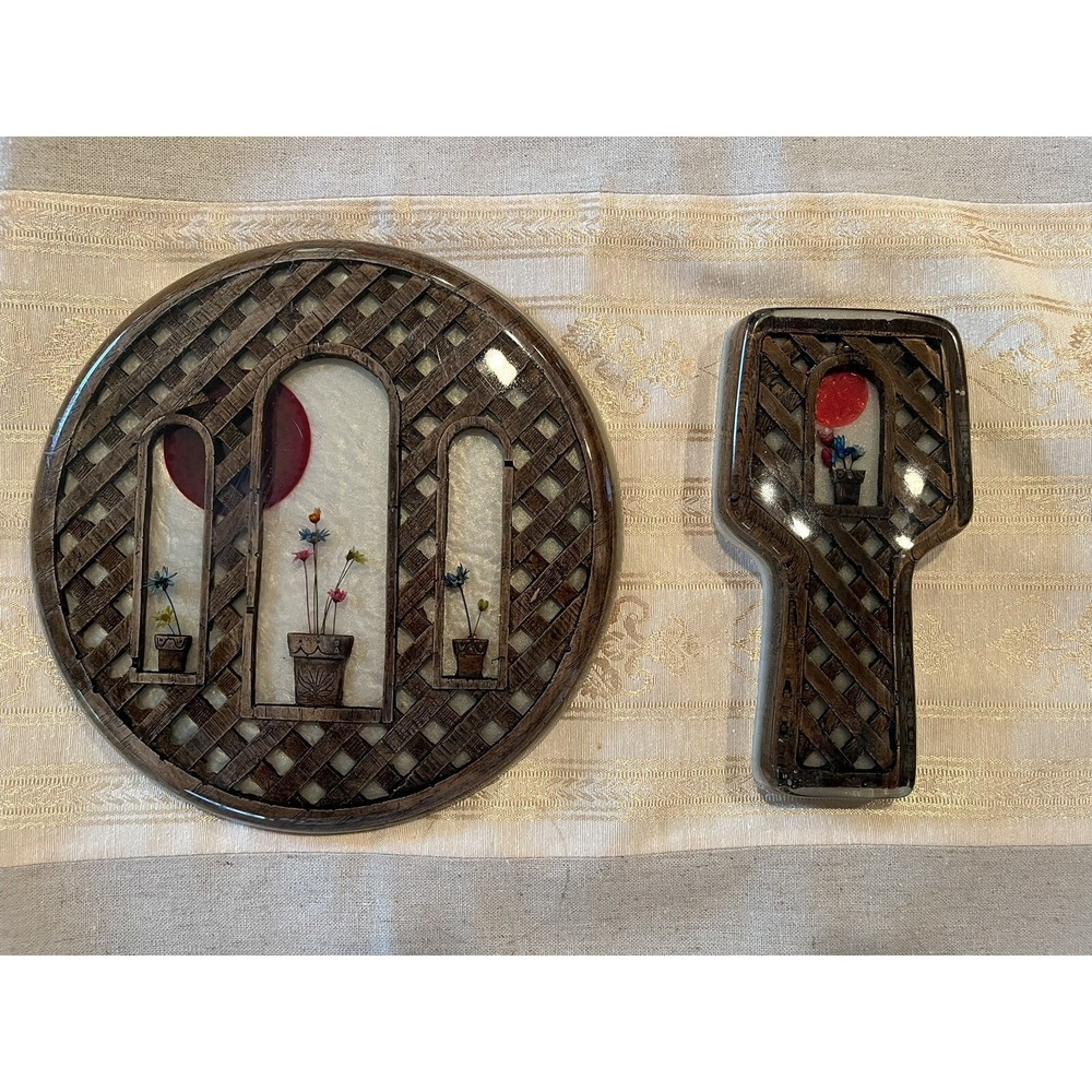 VTG MCM‎ Lucite Trivet & Spoon Rest Matching Set Flowers Wood Lattice & Red Sun